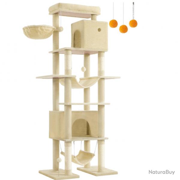 Arbre à chat 201 cm forme de tour taille XXL multi-niveaux 1 plateforme 1 panier 2 niches 2 hamacs