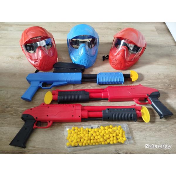 Lot de 3 Lanceurs paintball enfant avec 3 Masques enfant Valken avec billes mousses