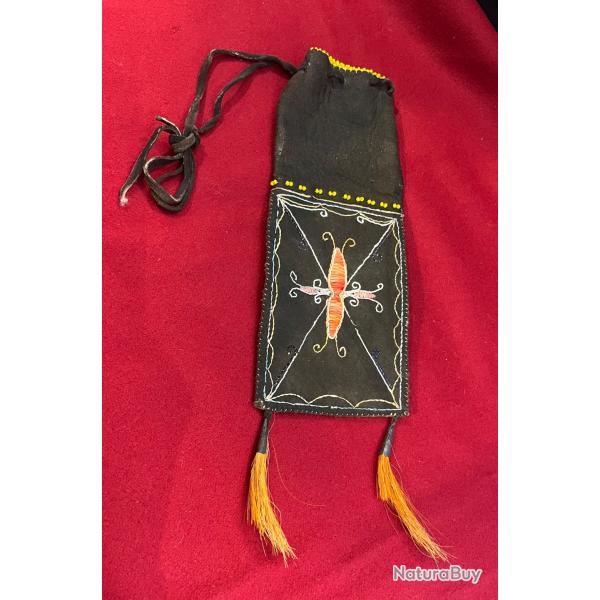 Sac en peau de cerf orn de quill piquant de porc epic iroquois objiway style 18 eme indien