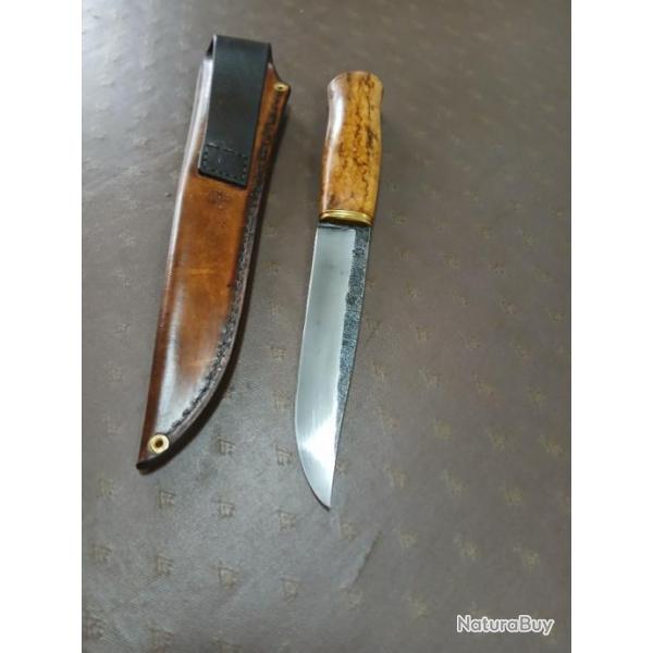 Superbe couteau nordique par Fred Charrire acier 80CRV2 manche en loupe de frne tui en cuir