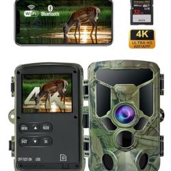 Caméra de Chasse 4K WiFi - Vision Nocturne 30m | Détection 0,1s | Bluetooth 5.2 | IP66 | Carte SD 32