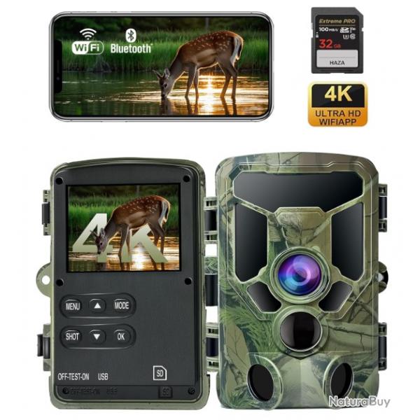 Camra de Chasse 4K WiFi - Vision Nocturne 30m | Dtection 0,1s | Bluetooth 5.2 | IP66 | Carte SD 32