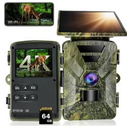 Caméra de Chasse Solaire Wi-Fi 4K 60MP Vision Nocturne Bluetooth Détection 0,1s IP66 Carte SD 64 Go