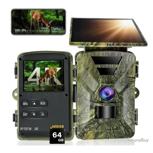 Camra de Chasse Solaire Wi-Fi 4K 60MP Vision Nocturne Bluetooth Dtection 0,1s IP66 Carte SD 64 Go