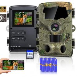 Caméra de Chasse 5K WiFi - 64MP | Vision Nocturne Infrarouge | Détection 0,1s | IP66 | Carte SD 64Go