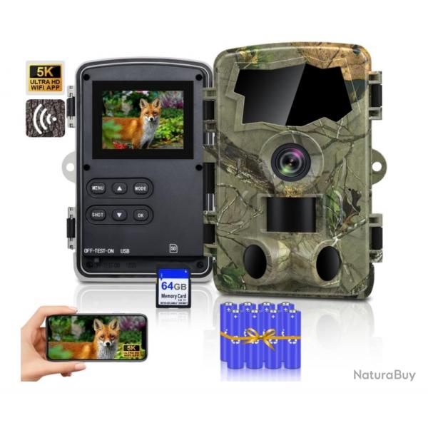 Camra de Chasse 5K WiFi - 64MP | Vision Nocturne Infrarouge | Dtection 0,1s | IP66 | Carte SD 64Go