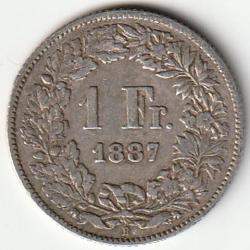 Pièce de Monnaie Suisse 1 franc Helvetia debout argent 1887 B