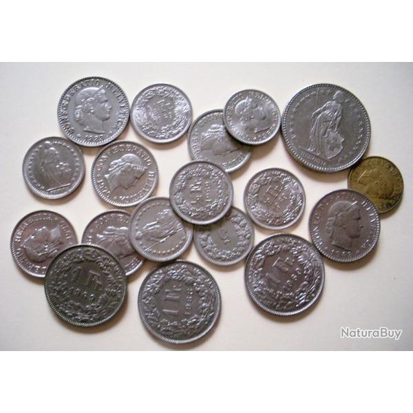 Trs beau Lot de 44 Monnaies SUISSE de 2 Francs, 1 Franc, 1/2 Franc, 20 c, 10 c, 5 c, 2 c