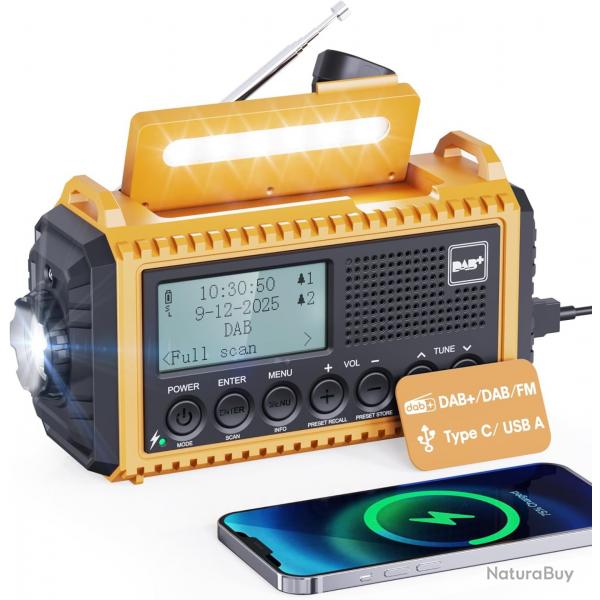 Radio Solaire Urgence Batterie 5000mAh Manivelle Dab IPX4 Lampe de Poche LED et Liseuse Alarme SOS
