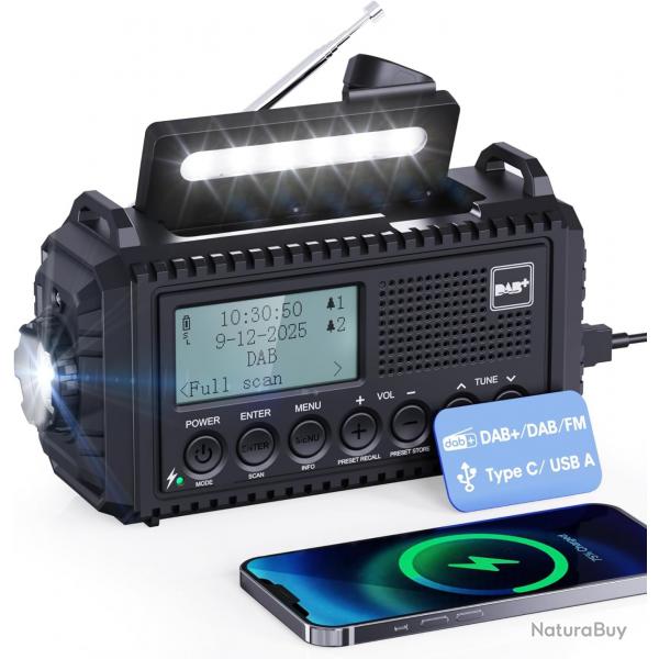 Radio Dab/FM Manivelle Solaire Batterie 5000mAh DAB tanche IPX4 Alarme SOS Lampe Torche Liseuse