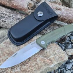 Couteau pliant de Walther avec manche vert et étui en cuir