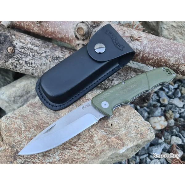 Couteau pliant de Walther avec manche vert et tui en cuir