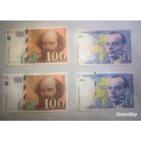 Lot de 4 Billets de Banque Français Anciens - Collection
