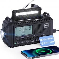 Radio Dab/FM Solaire Manivelle Batterie 5000mAh DAB Alarme SOS LampeTorche Liseuse Étanche IPX4