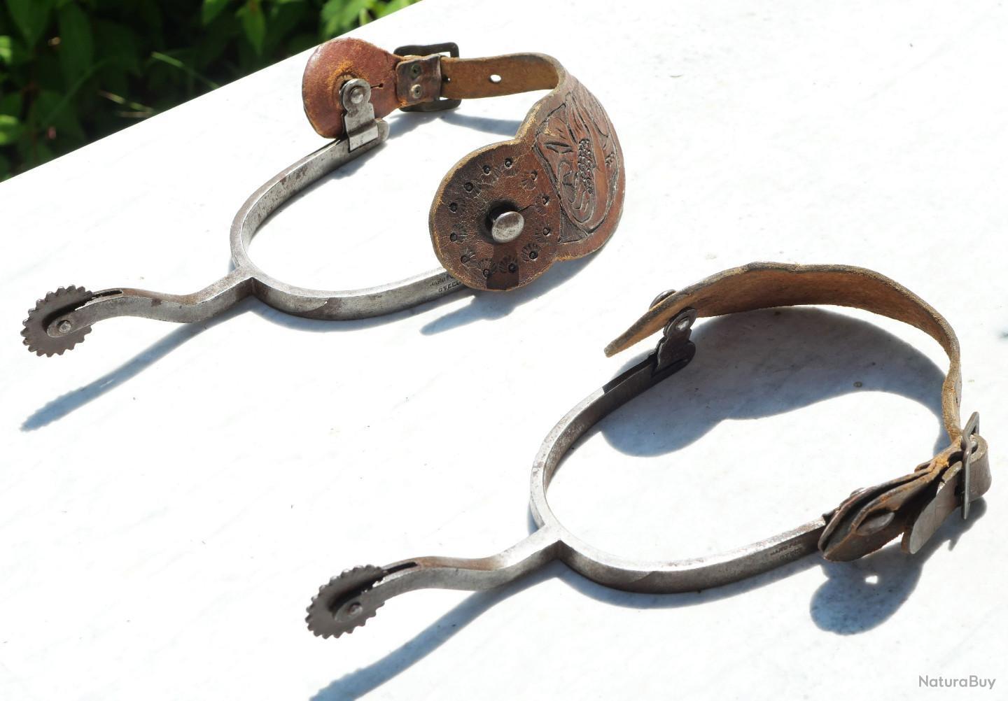 Éperons Western Vintage – Acier Inox Avec Lanières Cuir Marron – Cowboy