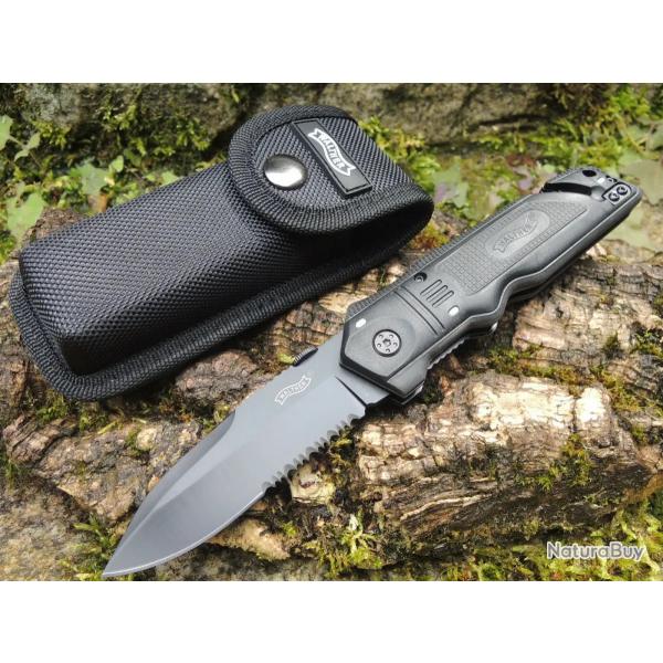 Couteau pliant Walther avec lame dentele et tui noir