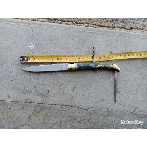 Couteau ancien pliant laguiole 3 fonctions lame en damas acier carbone forg.