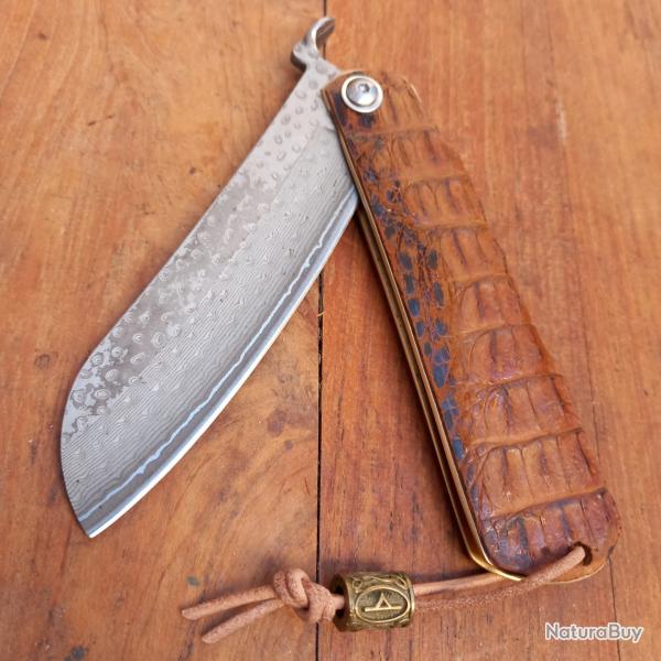 Splendide Couteau JAPONAIS HIGONOKAMI DAMAS Manche en Mtal et CROCO