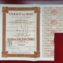Rare action 500 francs Crédit du midi Béziers Hérault 34 1922