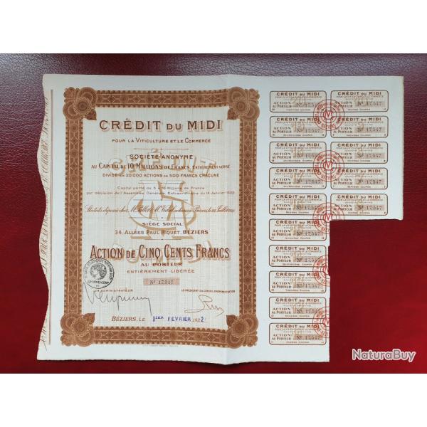 Rare action 500 francs Crdit du midi Bziers Hrault 34 1922