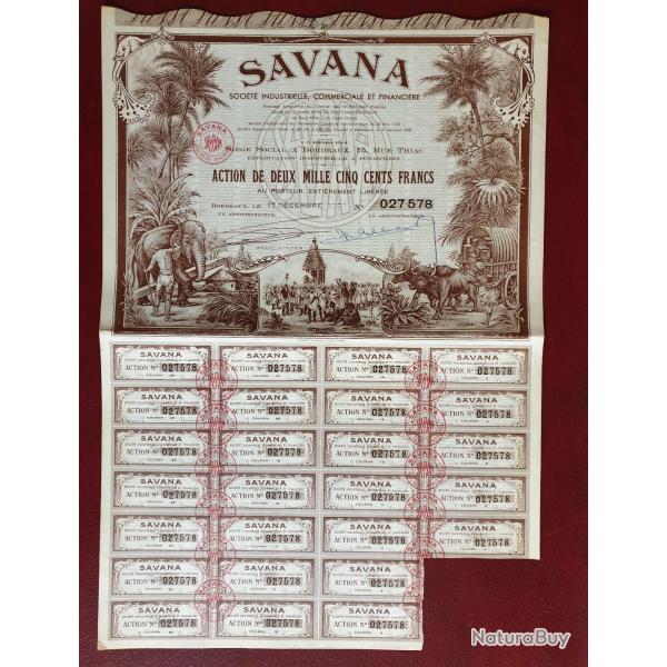 Action dco de 2500 francs 1951 Bordeaux Pondichery avec coupons