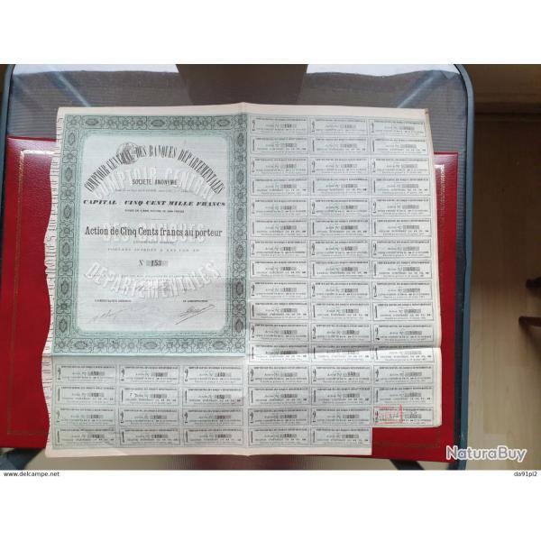 Trs rare action de 500 francs or 1880 Comptoir central banques dpartementales