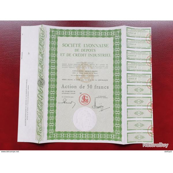 Trs rare obligation neuve 50 francs St Lyonnaise dpots crdit Lyon Rhone 69