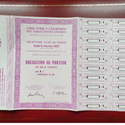 Très rare obligation neuve 1000 francs Villes de France série A 1977