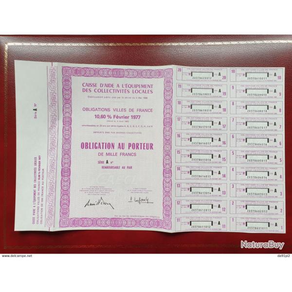Trs rare obligation neuve 1000 francs Villes de France srie A 1977