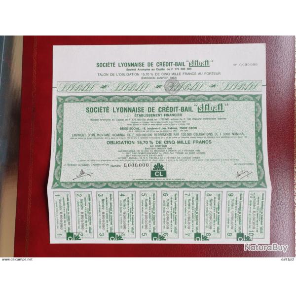 Trs rare obligation neuve 5000 francs Slibail 1983