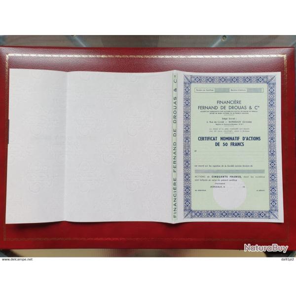 Trs rare Certificat d'Actions neuf 50 francs Financire Fernand Drouas Bordeaux Gironde 33