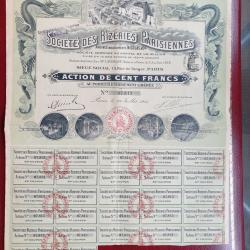 Rare Super DECO action de 100 francs Or Rizeries Parisiennes 1915