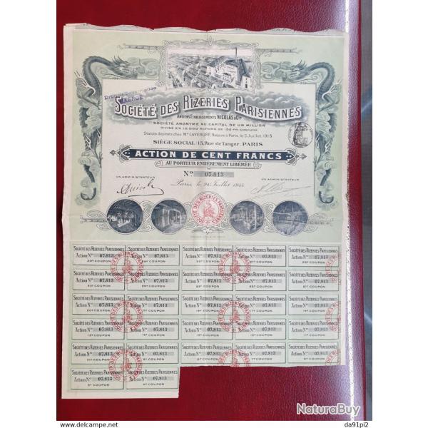 Rare Super DECO action de 100 francs Or Rizeries Parisiennes 1915