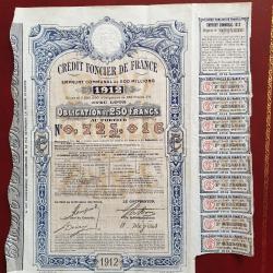 Obligation de 250 francs crédit Foncier 1912 avec coupons