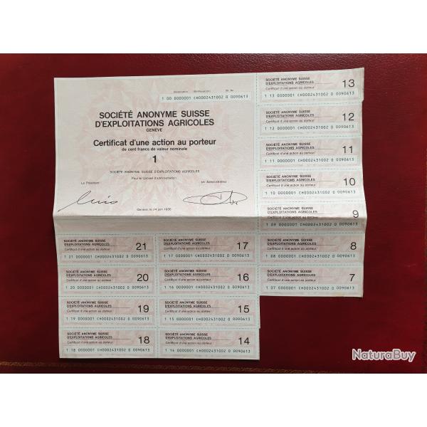 Rare Action Socit Anonyme Suisse d'Exploitations Agricoles 500 francs suisses
