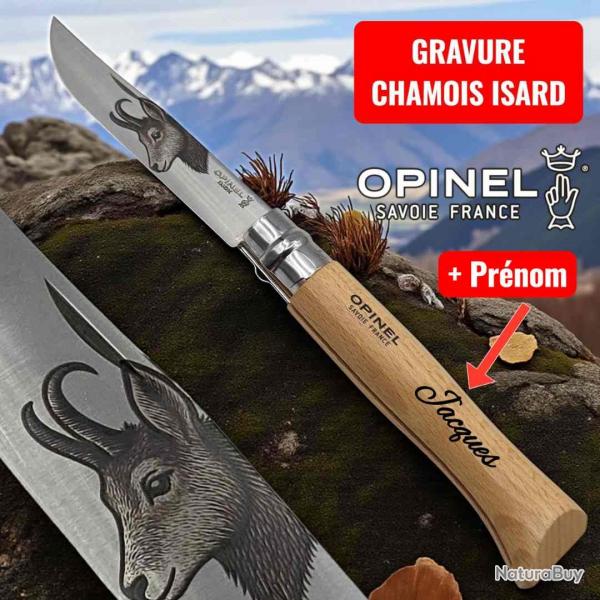 Opinel n 8 gravure isard chamois + prnom
