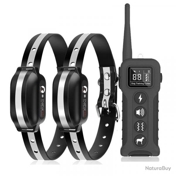 2X Colliers de Dressage Chien sans choc 1000m 9 Modes VibrationTonalit Etanche Rechargeable Noir