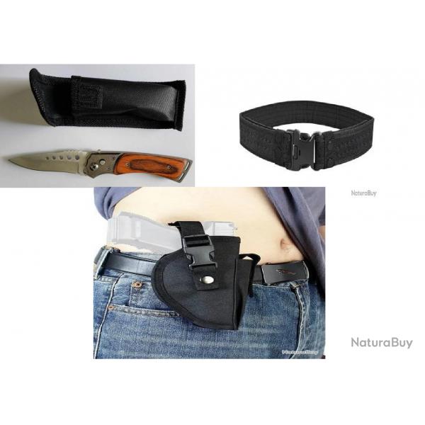 Ceinture rigide noire nylon MOLLE + Holster de pistolet + couteau de poche pliant 11cm