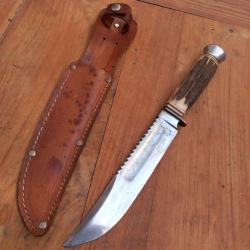 Joli et Solide Couteau de Chasse ALLEMAND SOLINGEN  Manche en Bois de Cerf avec Étui en cuir