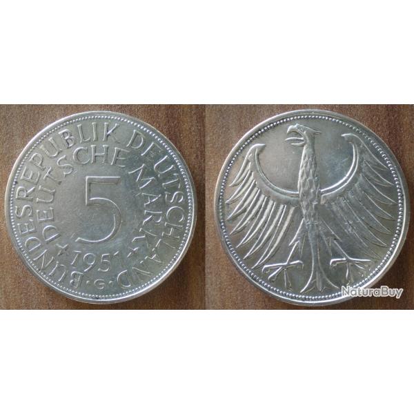 Allemagne 5 Deutche Mark 1951 Atelier G Karlsruhe Piece Argent