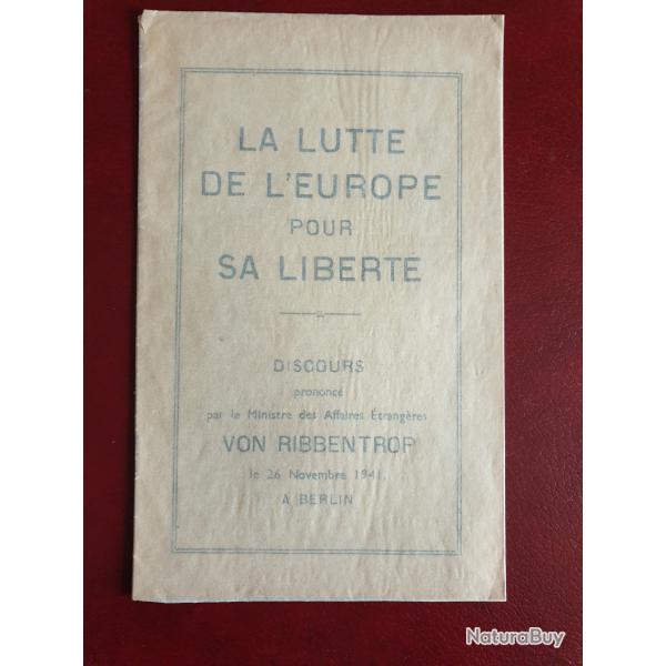 La lutte de l Europe pour sa libert Von Ribbentrop Edition originale Novembre 1941