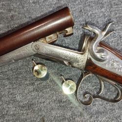 Joli fusil juxtaposé de luxe entièrement gravé 16 65 broche signé Gervais à Périgueux canon damas