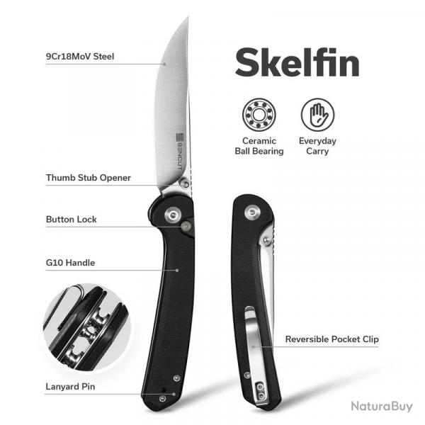 Couteau Sencut Skelfin Lame Black Acier 9Cr18MoV Manche G10 Black IKBS Linerlock Clip S250072