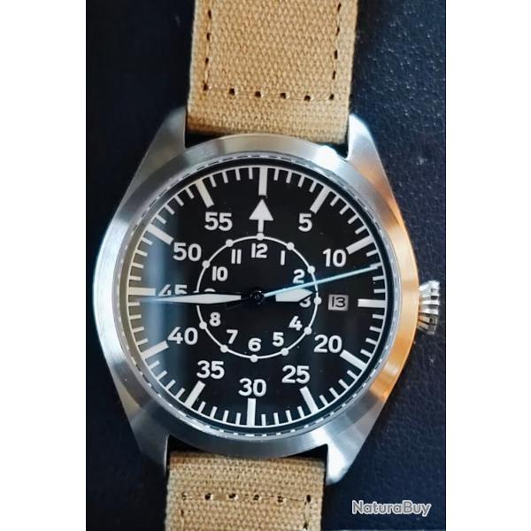 Montre automatique mouvement Miyota bracelet en toile kaki style aviateur ww2 seconde guerre mondial