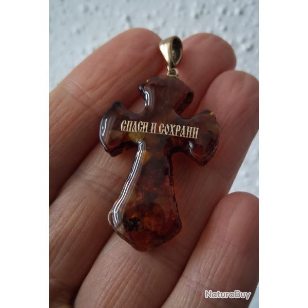 PENDENTIF CROIX "SAUVE ET PROTGE" EN AMBRE DE LA MER BALTIQUE NEUF RUSSIE