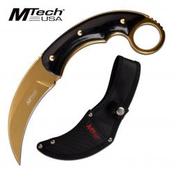 Couteau MTech Karambit Manche Pakkawood Lame Acier 3Cr13 Finition Or Etui Nylon MT2084GD