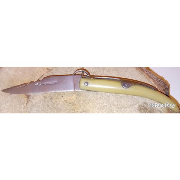 Ancien Beau Couteau  Palme 5 Crans Lame Guilloche Manche en Corne grav estampill d'une ARBALETE