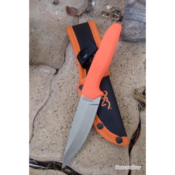 Couteau Browning Sharp-Ridge Skinner Lame Drop Point Acier 8Cr13MoV Manche Orange tui Nylon