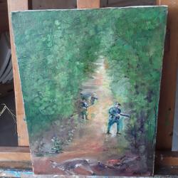 Huile sur toile sujet chasse/sous bois/faisan/lièvre / chasseurs.35cmx27.