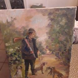 Huile sur toile 47x39/sujet chasse/jeune chasseur/chiens/sous bois.